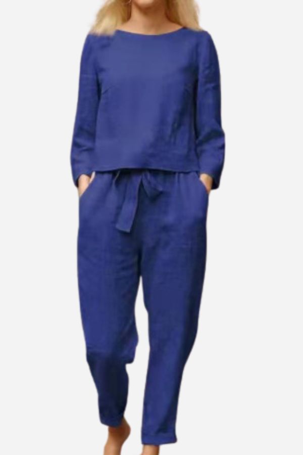 Dames Tweedelige Set met Lange Mouwen en Strikceintuur Blauw