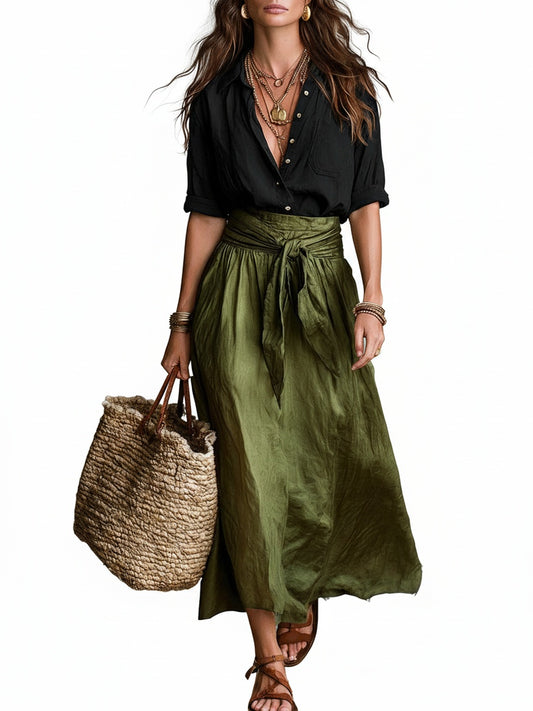 Dames Tweetelige Set Midi Rok met Strikceintuur en Blouse met Knoopsluiting