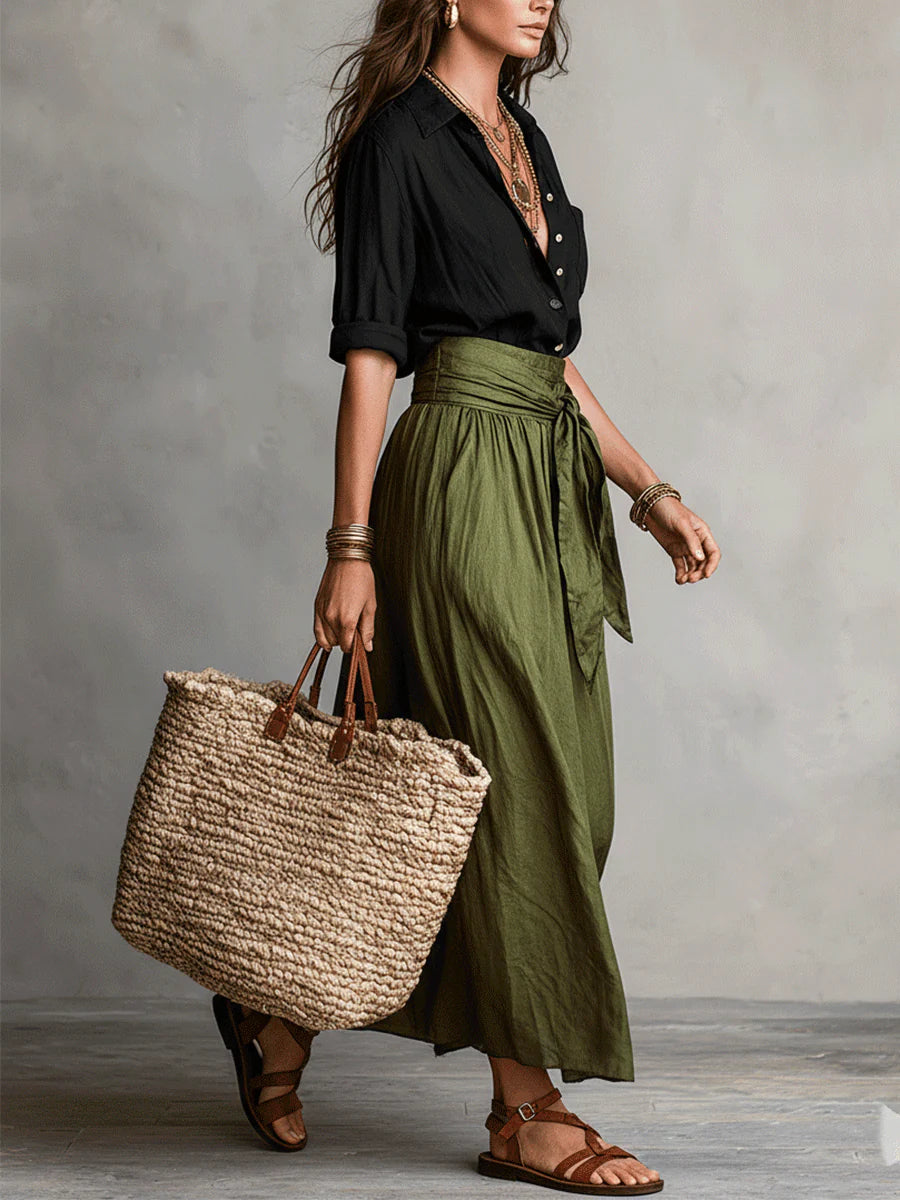 Dames Tweetelige Set Midi Rok met Strikceintuur en Blouse met Knoopsluiting