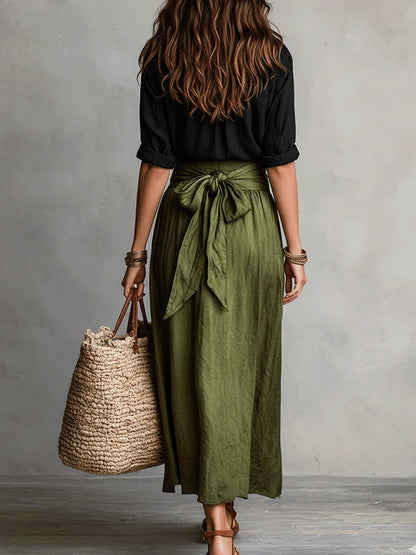 Dames Tweetelige Set Midi Rok met Strikceintuur en Blouse met Knoopsluiting
