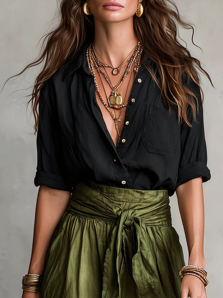 Dames Tweetelige Set Midi Rok met Strikceintuur en Blouse met Knoopsluiting