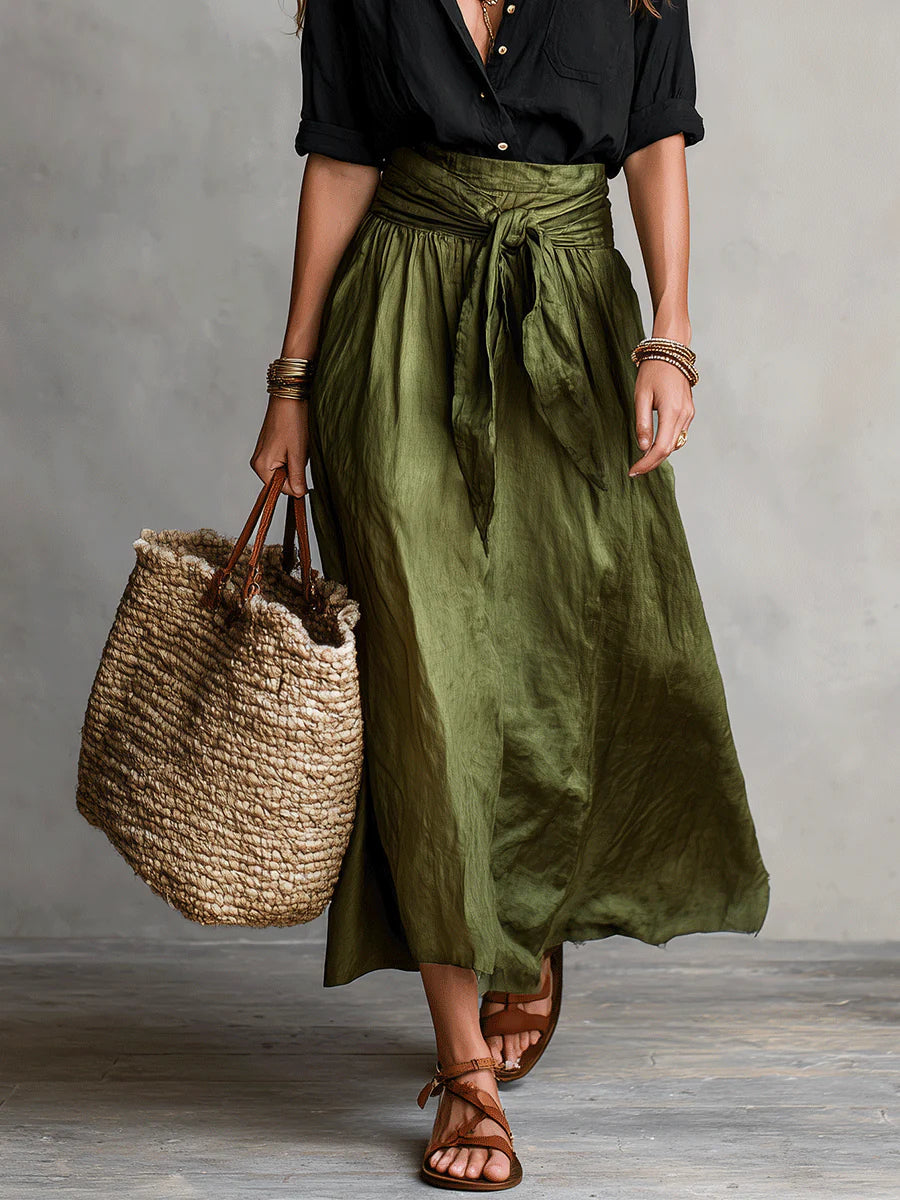 Dames Tweetelige Set Midi Rok met Strikceintuur en Blouse met Knoopsluiting