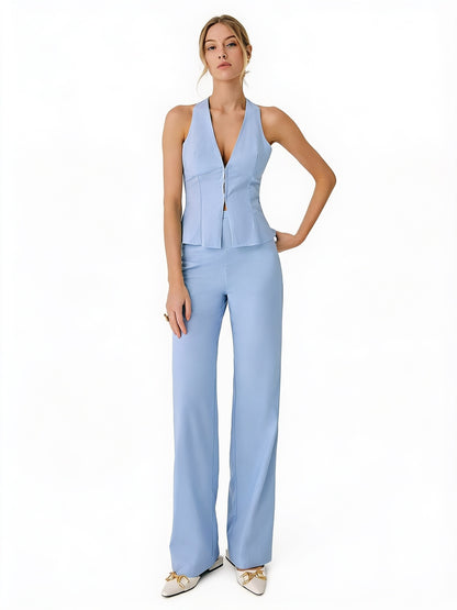Dames Vest en Wijde Broek Set met Halternek en V-hals