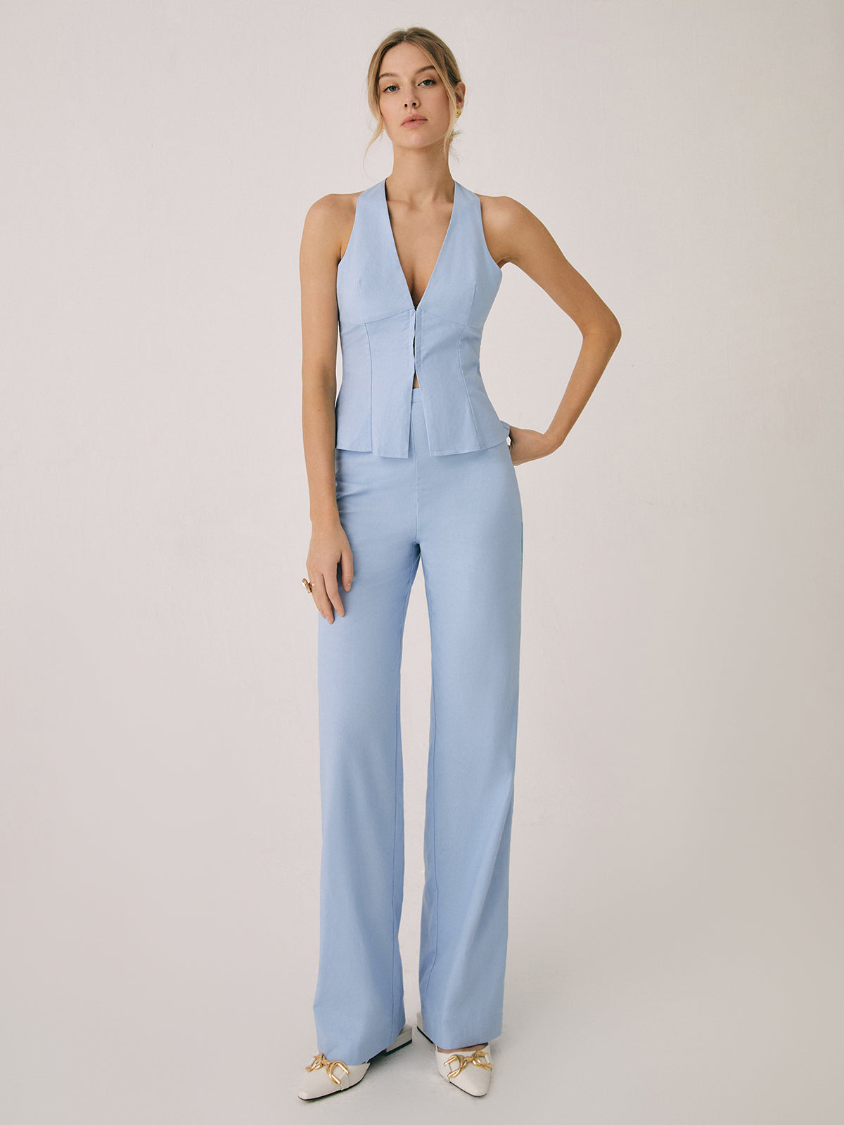Dames Vest en Wijde Broek Set met Halternek en V-hals