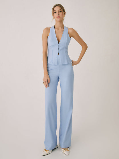 Dames Vest en Wijde Broek Set met Halternek en V-hals