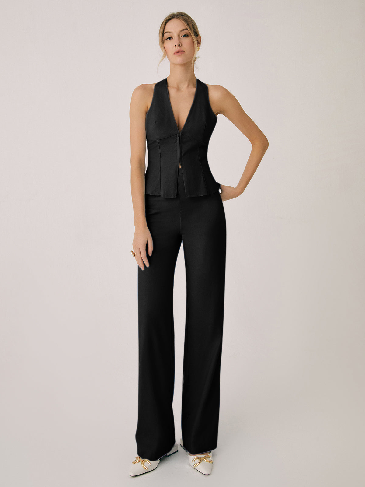 Dames Vest en Wijde Broek Set met Halternek en V-hals Zwart
