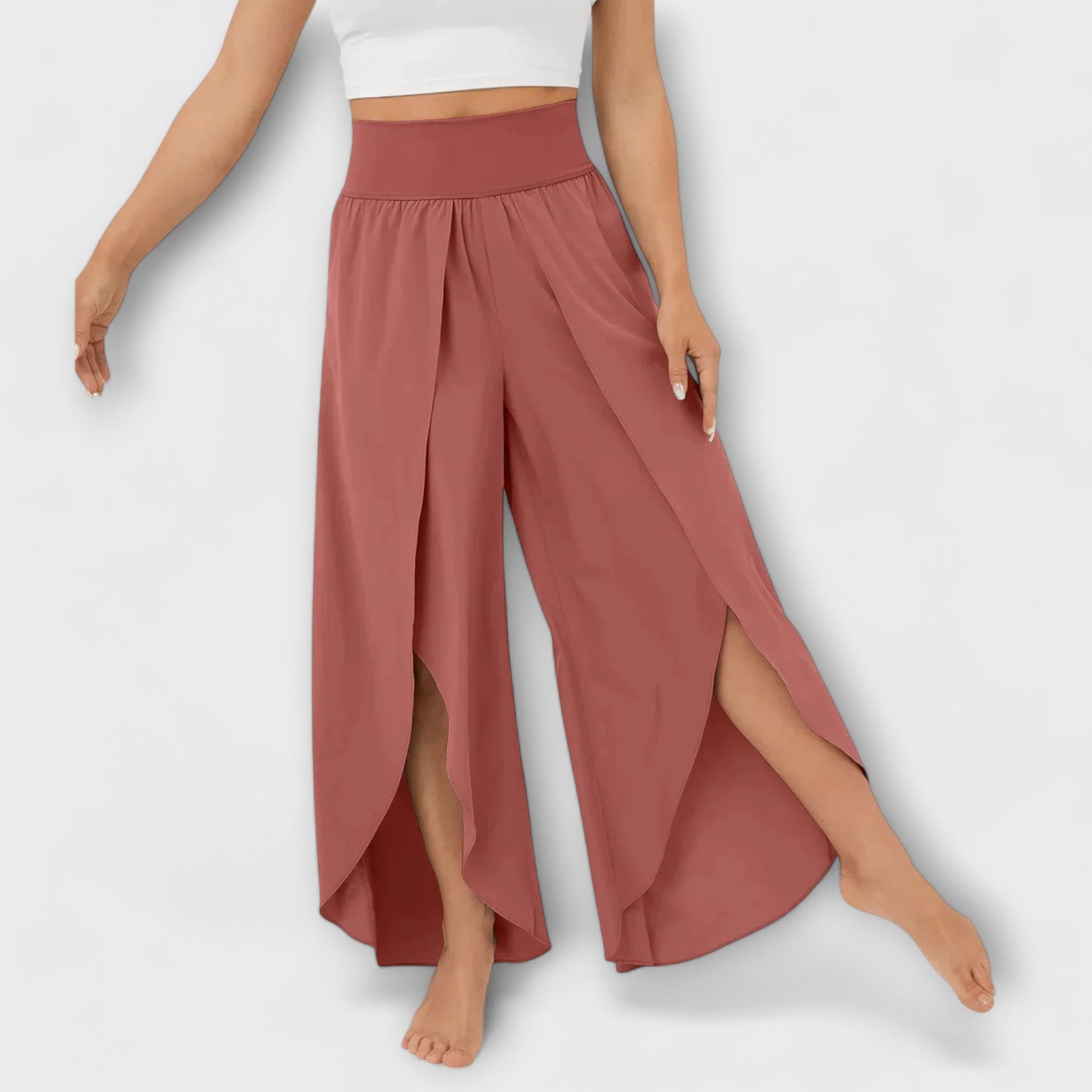Dames Wijde Broek met Hoge Taille en Zijsplit Bruin