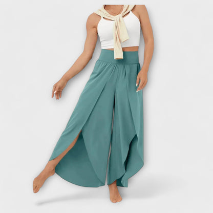 Dames Wijde Broek met Hoge Taille en Zijsplit Blauw