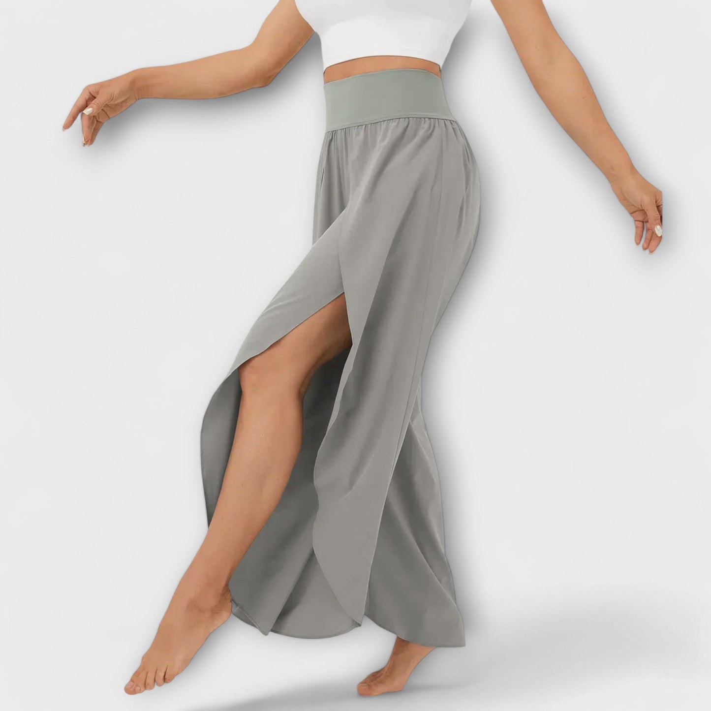 Dames Wijde Broek met Hoge Taille en Zijsplit Grijs