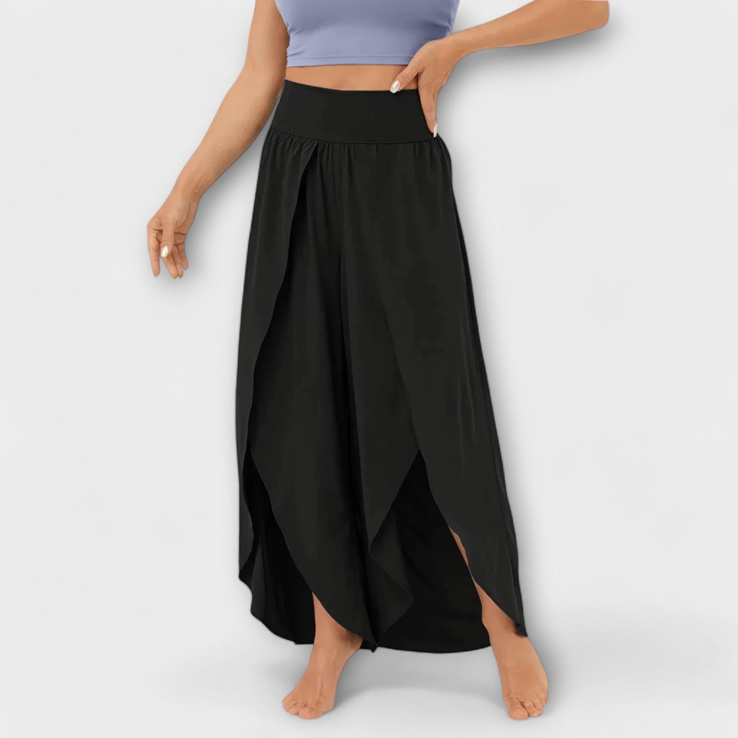 Dames Wijde Broek met Hoge Taille en Zijsplit Zwart