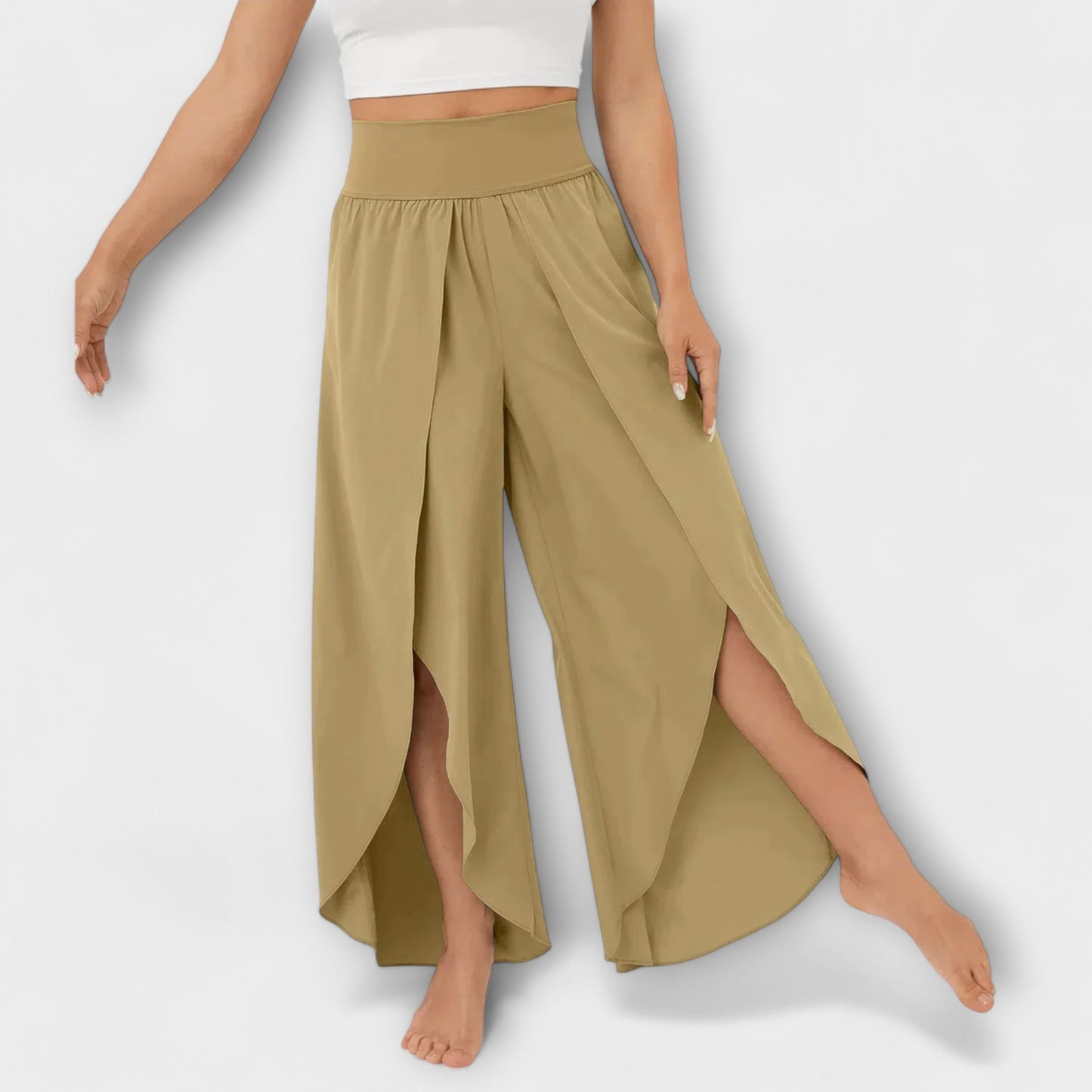 Dames Wijde Broek met Hoge Taille en Zijsplit Khaki