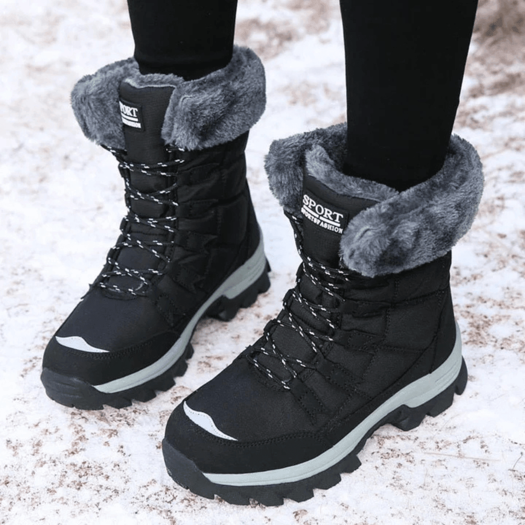 Dames Winter boots met Pluchen Rand en Vetersluiting Zwart