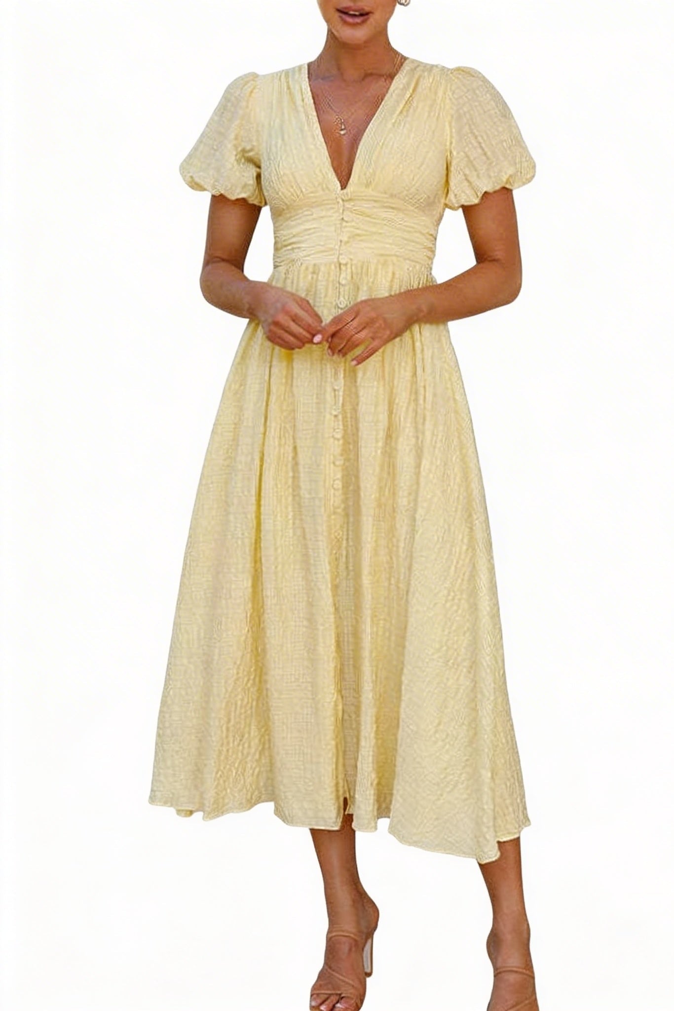 Dames Zomer Midijurk met V-hals Pofmouwen en Knoopsluiting