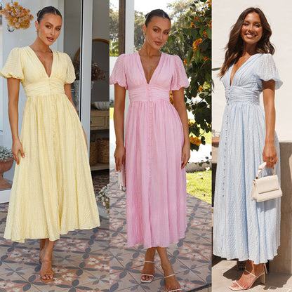 Dames Zomer Midijurk met V-hals Pofmouwen en Knoopsluiting