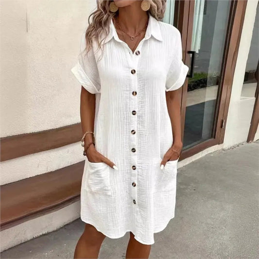 Dames Zomerjurk Korte Mouw met Button-down Kraag en Zakken Wit
