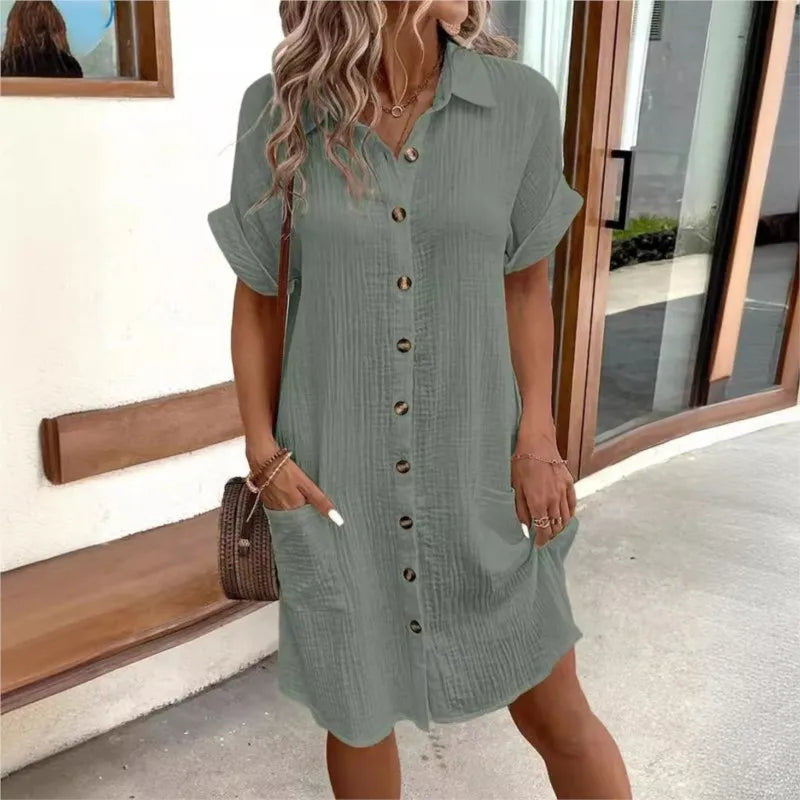 Dames Zomerjurk Korte Mouw met Button-down Kraag en Zakken Groen