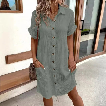 Dames Zomerjurk Korte Mouw met Button-down Kraag en Zakken Groen
