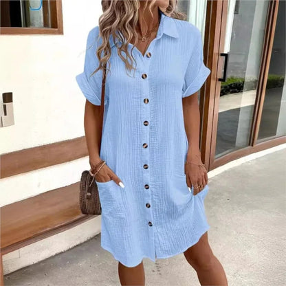 Dames Zomerjurk Korte Mouw met Button-down Kraag en Zakken Blauw