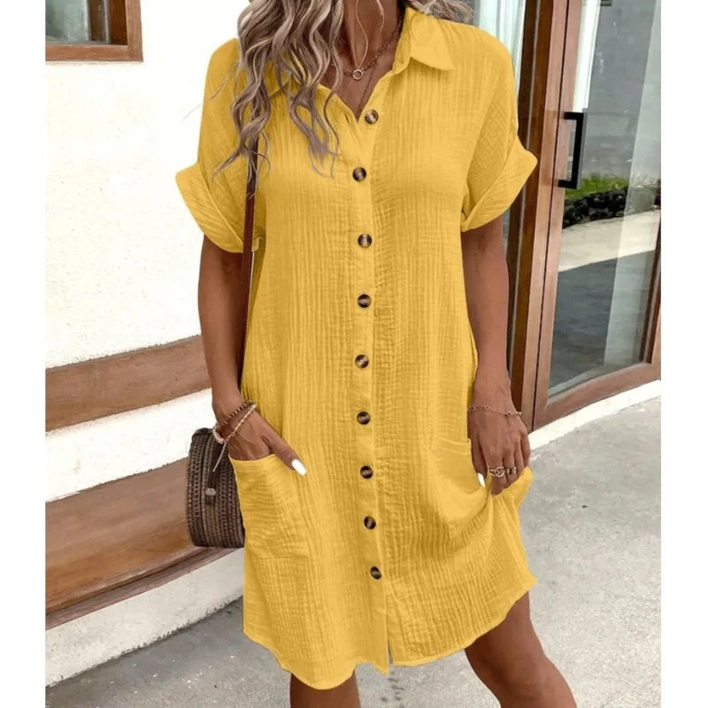 Dames Zomerjurk Korte Mouw met Button-down Kraag en Zakken Geel