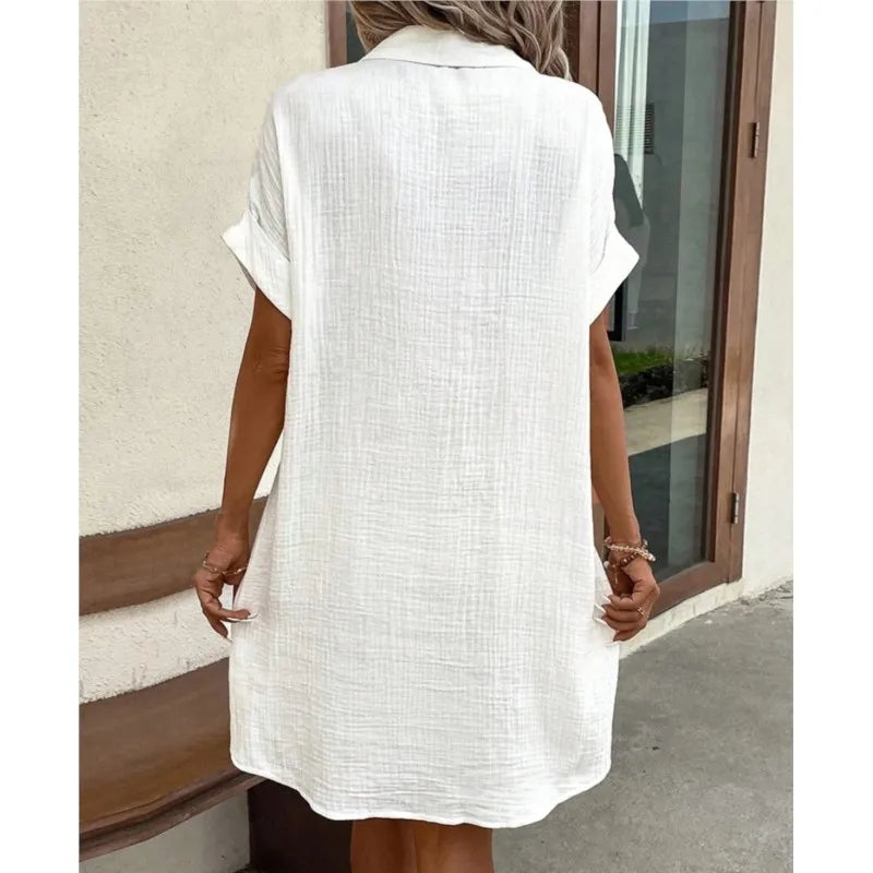 Dames Zomerjurk Korte Mouw met Button-down Kraag en Zakken