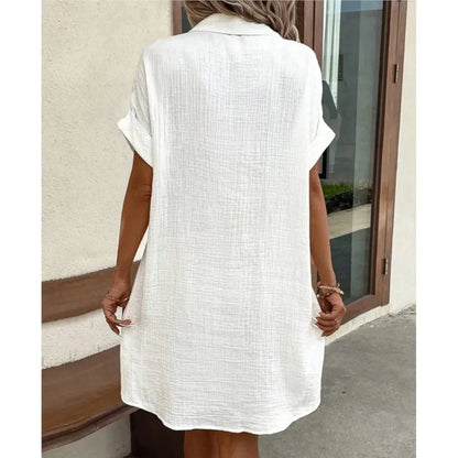 Dames Zomerjurk Korte Mouw met Button-down Kraag en Zakken