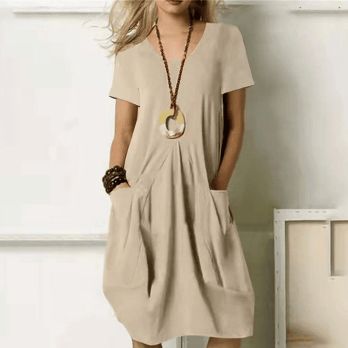 Dames Zomerjurk Korte Mouw met V-hals en Zakken Beige
