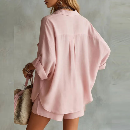 Dames Zomerse Oversized Shirt en Shorts Set met V-hals en Lange Mouwen