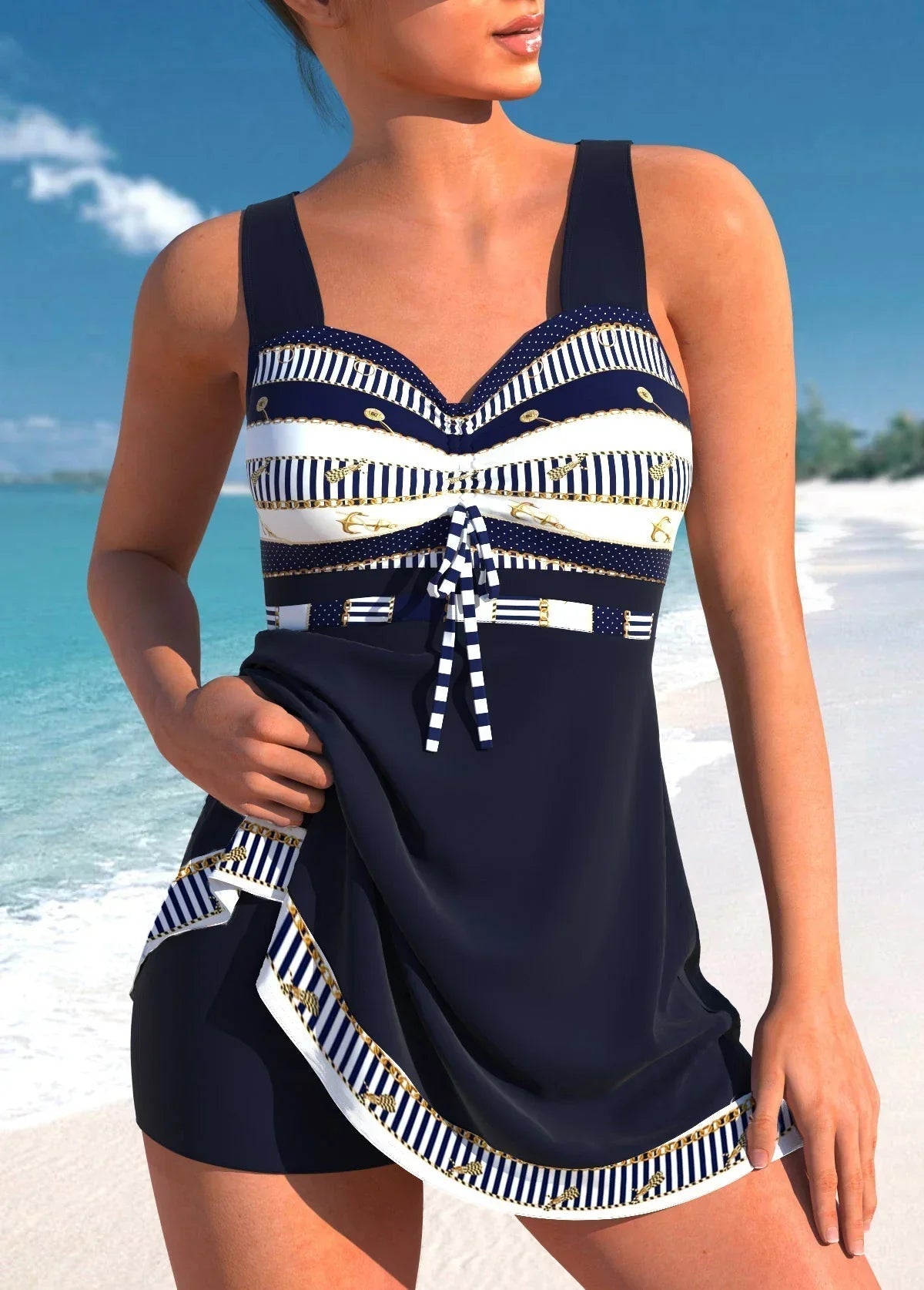 Dames Zwembadpak met Rokje, Brede Schouderbanden en Strikdetail Marineblauw