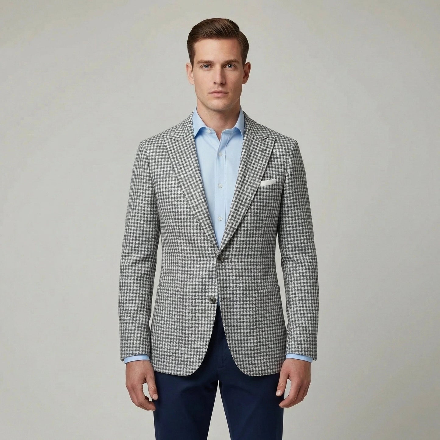 Heren Blazer met Pied-de-Poule Patroon en Slim Fit Revers Grijs Wit