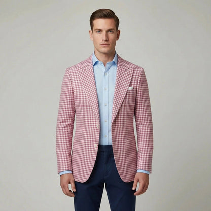 Heren Blazer met Pied-de-Poule Patroon en Slim Fit Revers Roze