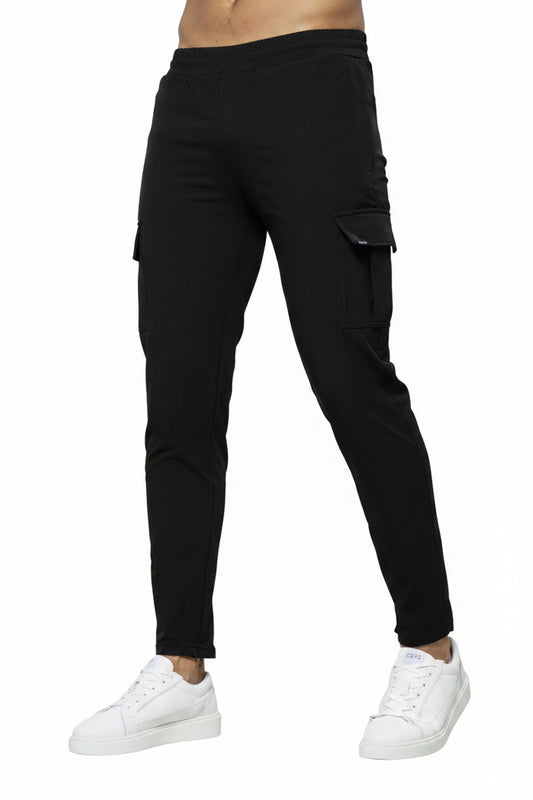Heren Cargo Broek Slim Fit met Zijzakken en Elastische Taille Zwart