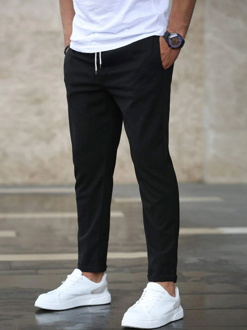 Heren Chino Broek Slim Fit met Elastische Taille en Trekkoord Zwart
