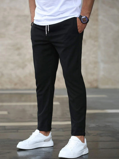 Heren Chino Broek Slim Fit met Elastische Taille en Trekkoord Zwart