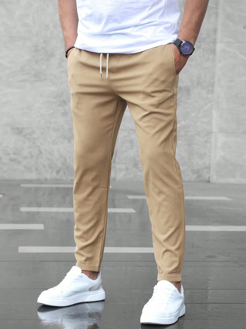 Heren Chino Broek Slim Fit met Elastische Taille en Trekkoord Kaki