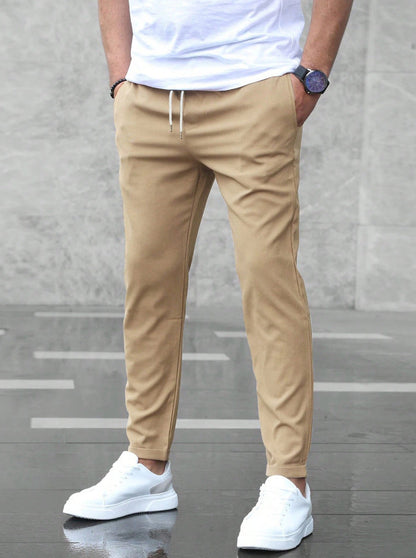 Heren Chino Broek Slim Fit met Elastische Taille en Trekkoord Kaki