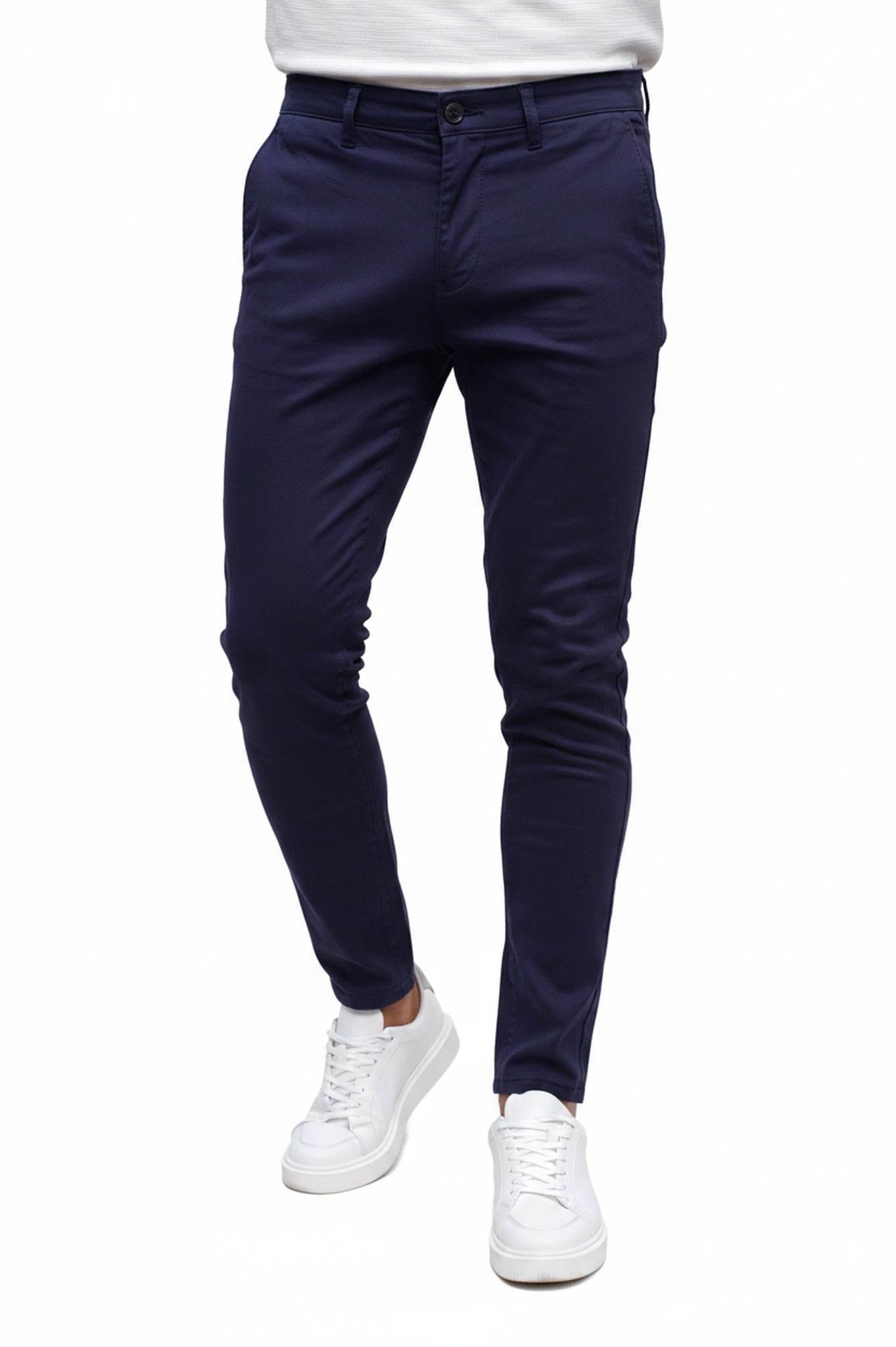Heren Chino Broek Slim Fit met Getaperde Enkels en Elastische Tailleband Marine