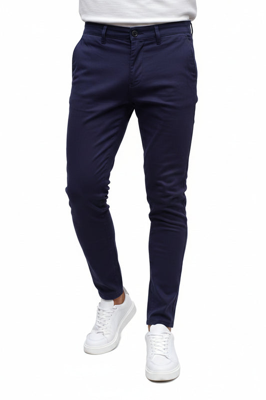 Heren Chino Broek Slim Fit met Getaperde Enkels en Elastische Tailleband Marine