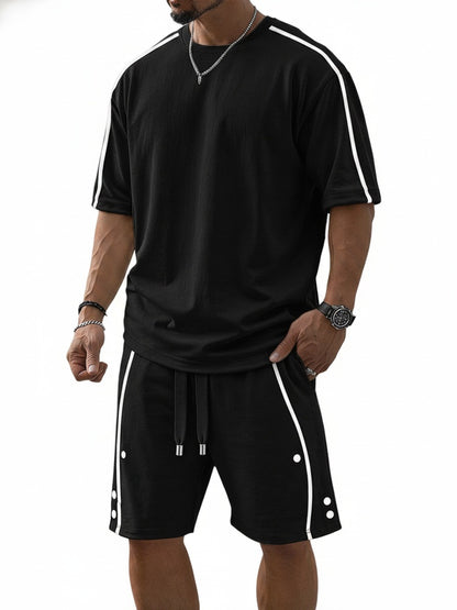 Heren Clothing Set Korte Mouw met Contrasterende Strepen en Shorts