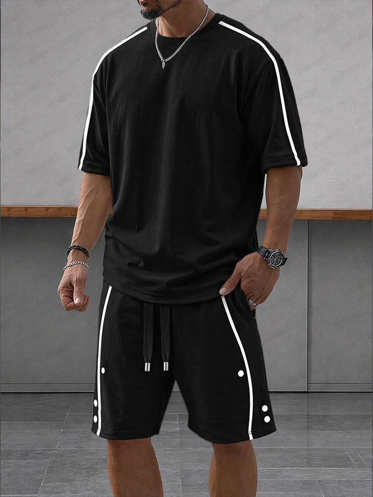 Heren Clothing Set Korte Mouw met Contrasterende Strepen en Shorts Zwart