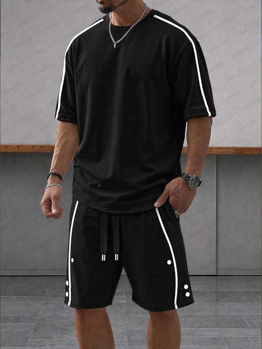 Heren Kleding Set Korte Mouw met Contrasterende Strepen en Shorts Zwart