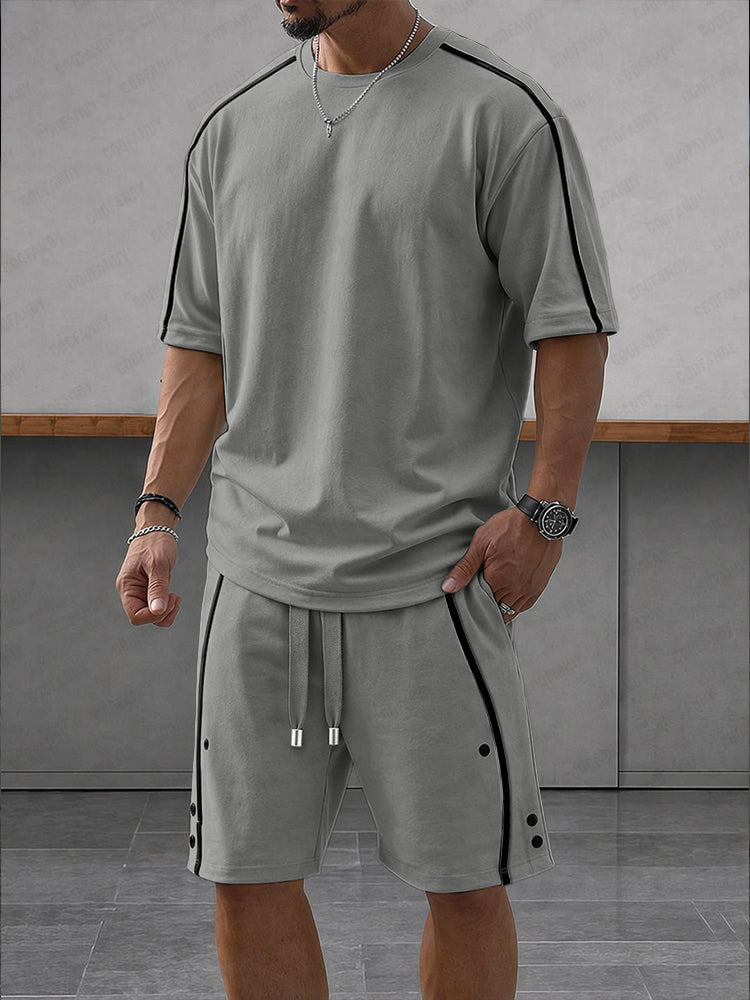 Heren Clothing Set Korte Mouw met Contrasterende Strepen en Shorts Grijs