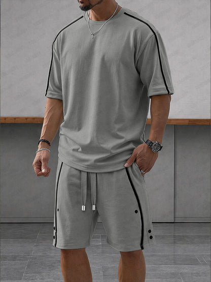 Heren Clothing Set Korte Mouw met Contrasterende Strepen en Shorts Grijs