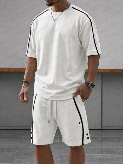 Heren Clothing Set Korte Mouw met Contrasterende Strepen en Shorts Wit