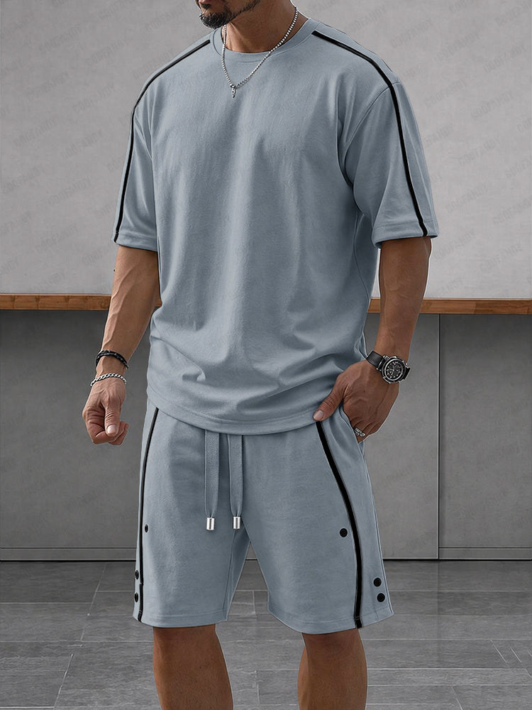 Heren Clothing Set Korte Mouw met Contrasterende Strepen en Shorts Blauw