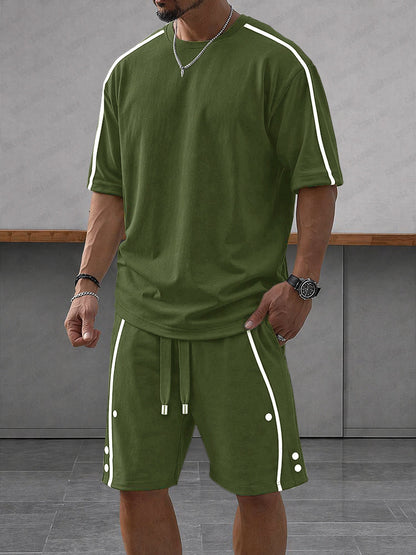 Heren Clothing Set Korte Mouw met Contrasterende Strepen en Shorts Groen