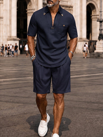 Heren Kleding Set Korte Mouw Polo met V-hals en Shorts Marineblauw