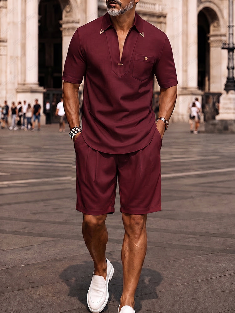 Heren Kleding Set Korte Mouw Polo met V-hals en Shorts Bordeauxrood