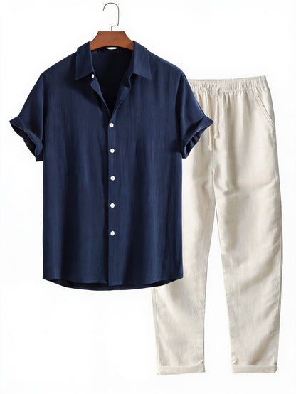 Heren Clothing Set Korte Mouw Shirt met Staande Kraag en Lange Broek