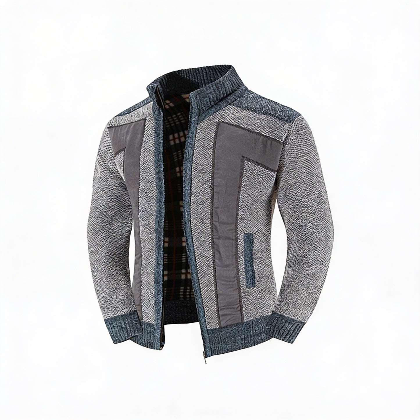 Heren Gebreid Vest met Rits en Patchwork Detail
