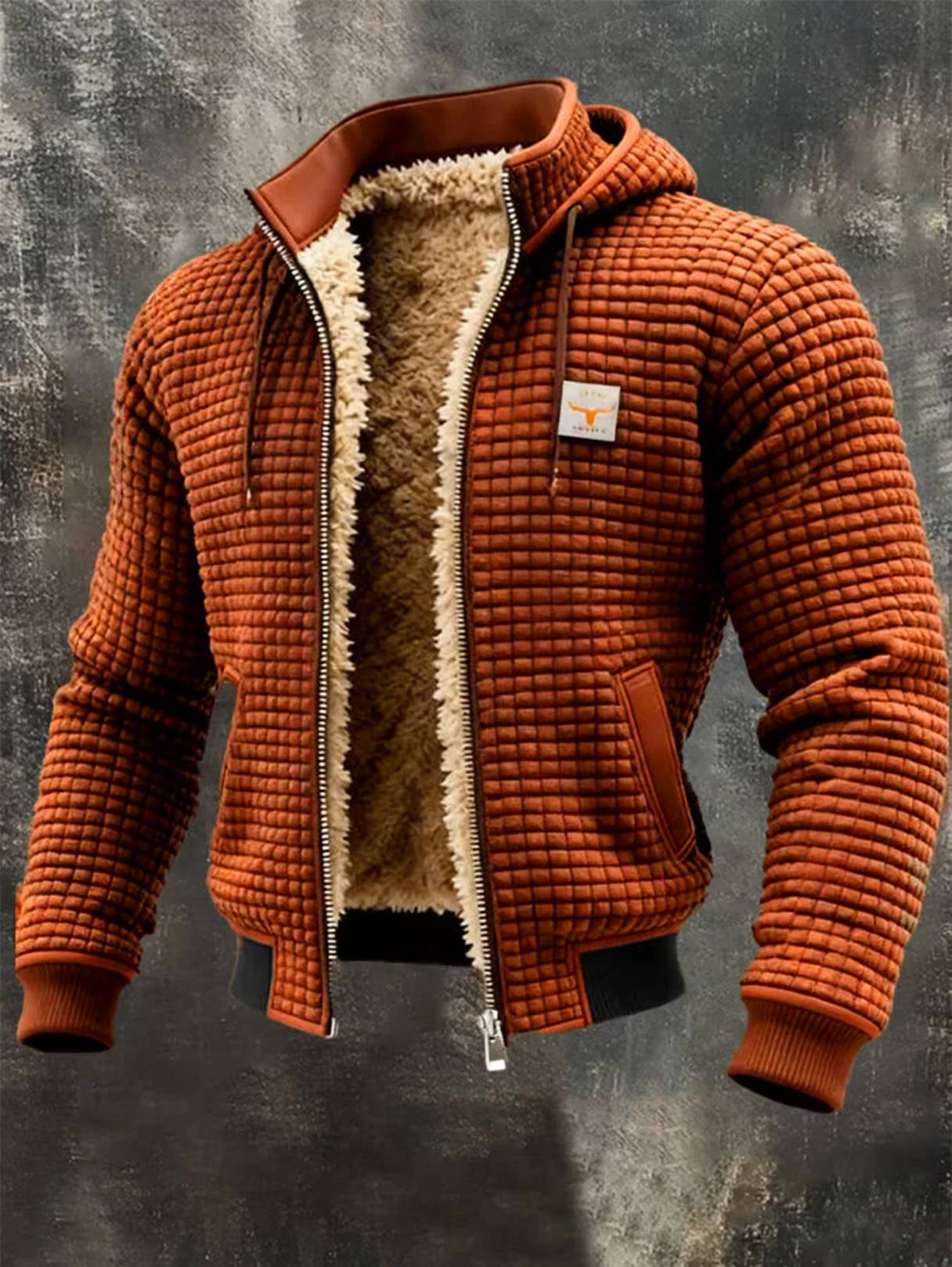 Heren Gevoerd Jack met Wafeltextuur, Capuchon en Ritssluiting Bruin